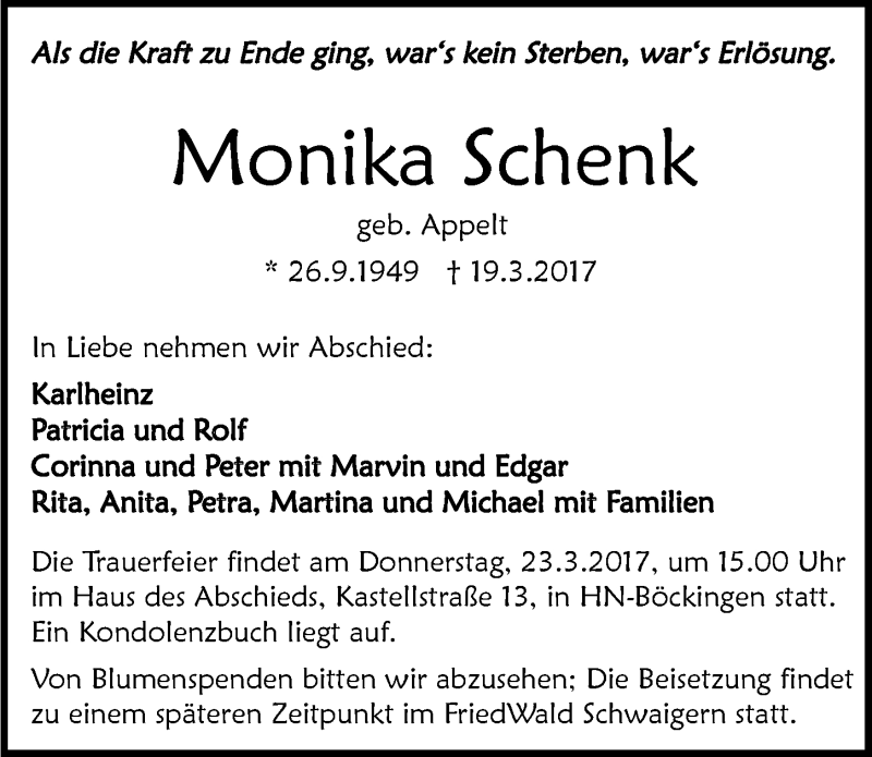 Traueranzeige für Monika Schenk vom 21.03.2017 aus 