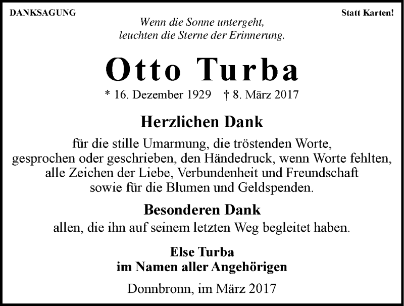  Traueranzeige für Otto Turba vom 28.03.2017 aus 