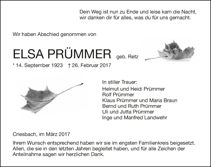  Traueranzeige für Elsa Prümmer vom 15.03.2017 aus 