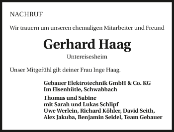 Traueranzeige von Gerhard Haag 