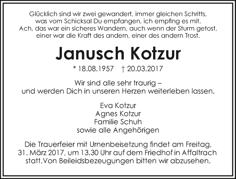  Traueranzeige für Janusch Kotzur vom 27.03.2017 aus 