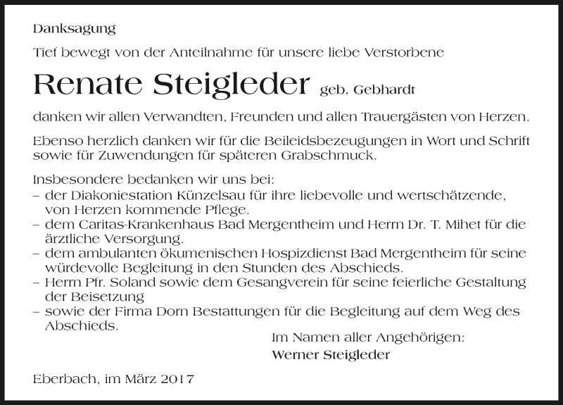  Traueranzeige für Renate Steigleder vom 10.03.2017 aus 