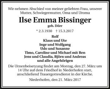 Traueranzeige von Ilse Emma Bissinger 