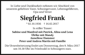 Traueranzeige von Siegfried Frank 
