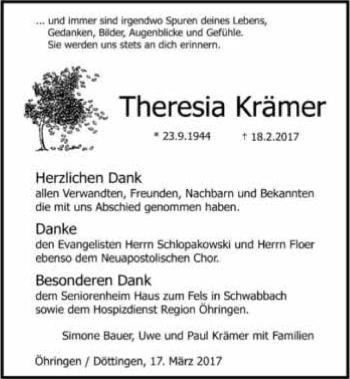 Traueranzeige von Theresa Krämer 