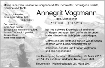 Traueranzeige von Annegrit Vogtmann 