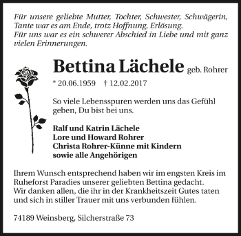 Traueranzeige von Bettina Lächele 
