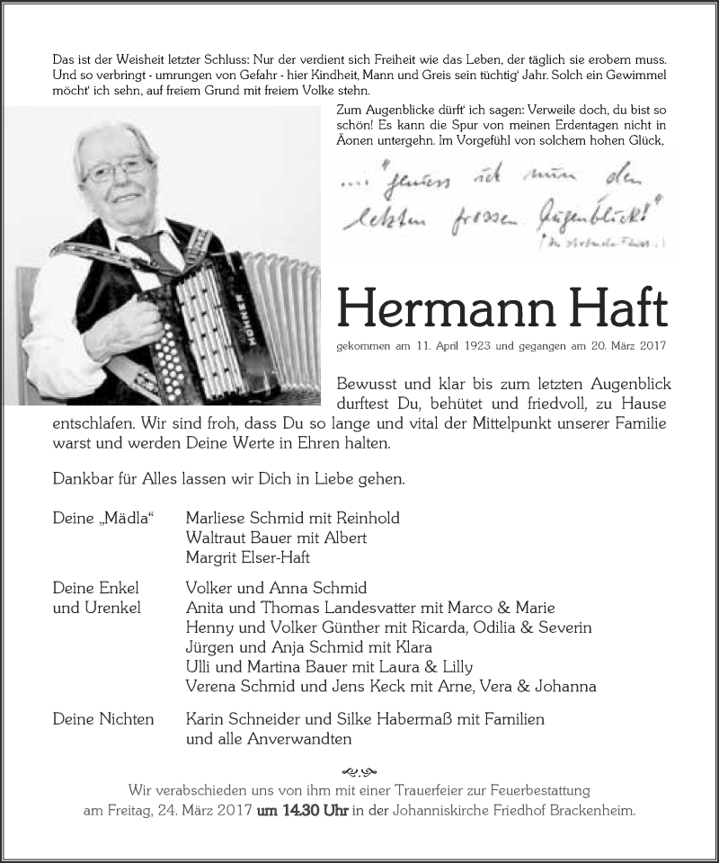  Traueranzeige für Hermann Haft vom 23.03.2017 aus 