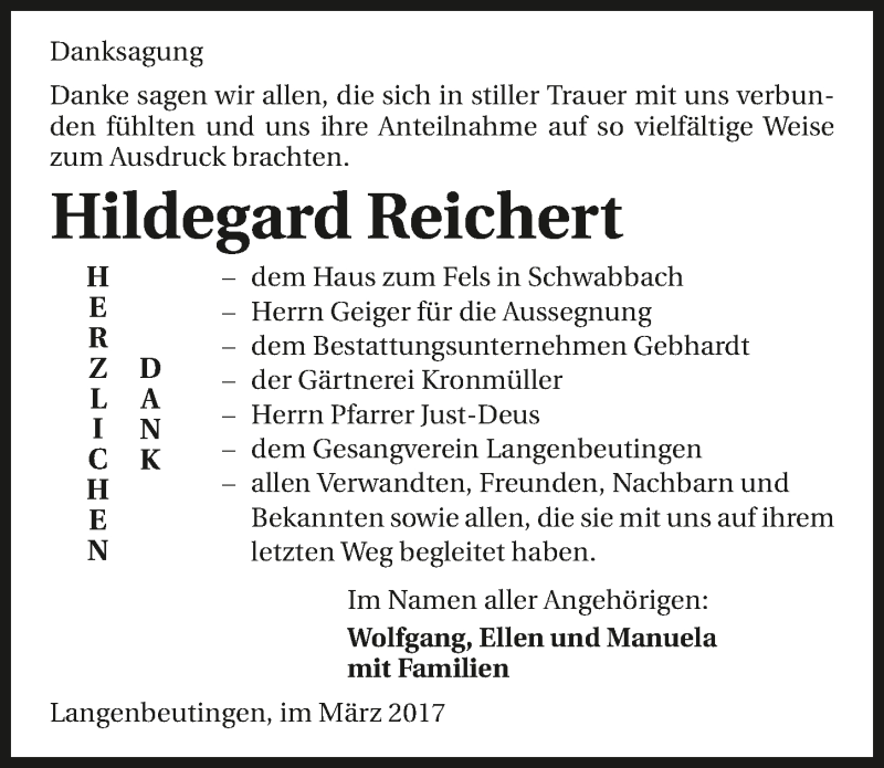  Traueranzeige für Hildegard Reichert vom 08.03.2017 aus 