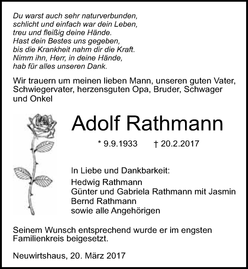  Traueranzeige für Adolf Rathmann vom 20.03.2017 aus 