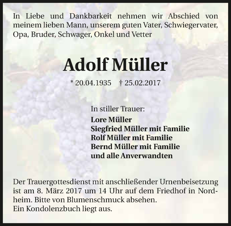  Traueranzeige für Adolf Müller vom 04.03.2017 aus 