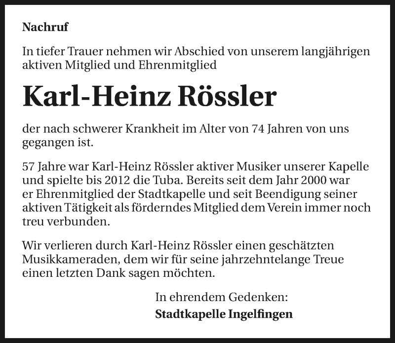  Traueranzeige für Karl-Heinz Rössler vom 29.03.2017 aus 
