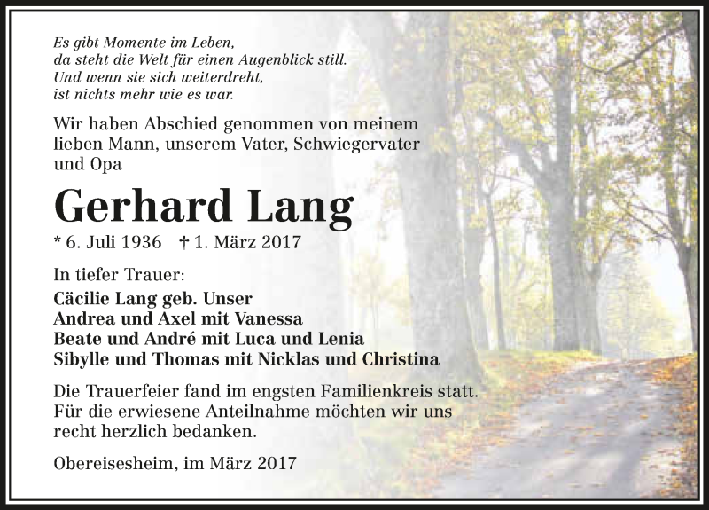  Traueranzeige für Gerhard Lang vom 18.03.2017 aus 