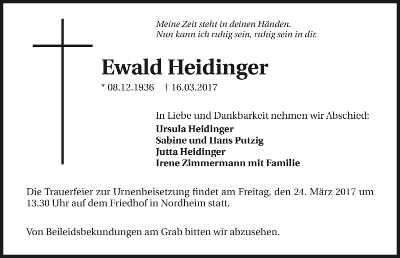  Traueranzeige für Ewald Heidinger vom 21.03.2017 aus 