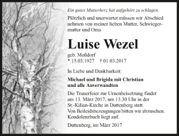 Traueranzeige von Luise Wezel 
