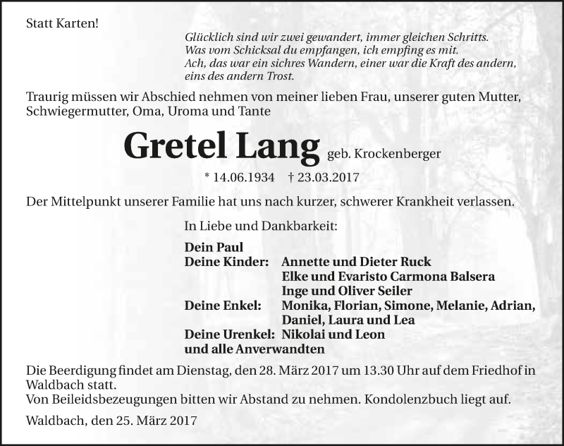  Traueranzeige für Gretel Lang vom 25.03.2017 aus 