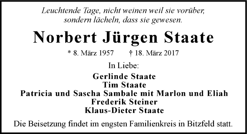  Traueranzeige für Norbert Staate vom 22.03.2017 aus 