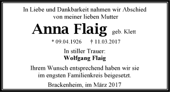 Traueranzeige von Anna Flaig 