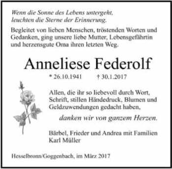 Traueranzeige von Anneliese Federolf 
