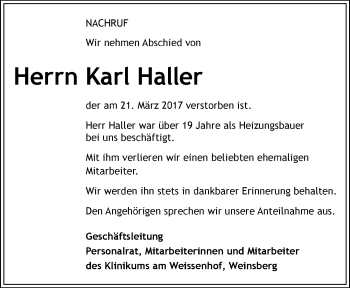 Traueranzeige von Karl Haller 