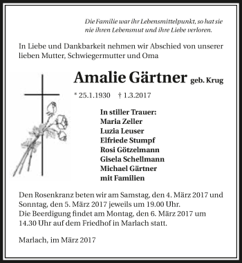 Traueranzeige von Amalie Gärtner 