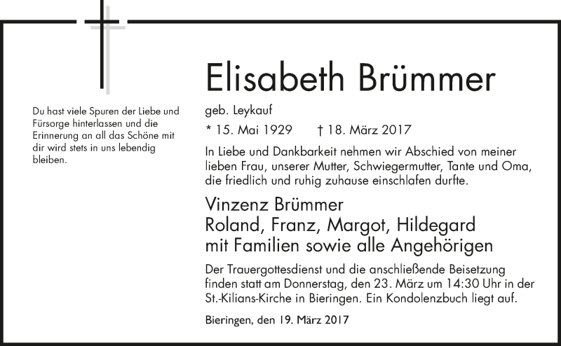  Traueranzeige für Elisabeth Brümmer vom 21.03.2017 aus 