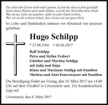 Traueranzeige von Hugo Schilpp 