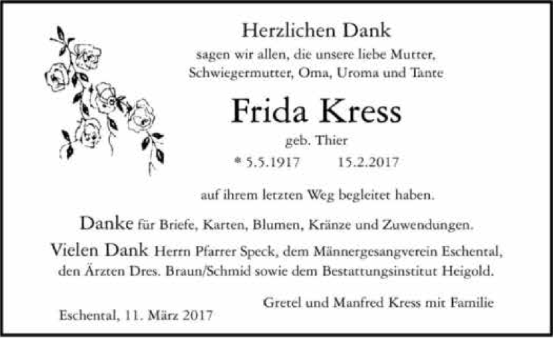  Traueranzeige für Frida Kress vom 11.03.2017 aus 
