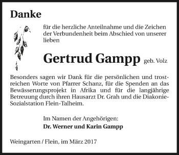 Traueranzeige von Gertrud Gampp 