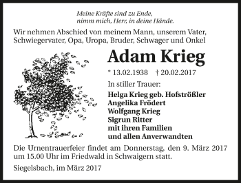 Traueranzeige von Adam Krieg 