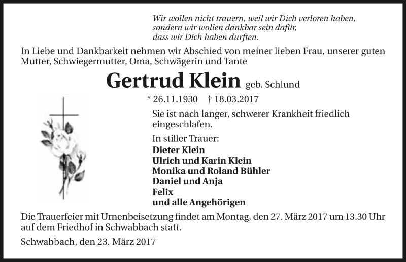  Traueranzeige für Gertrud Klein vom 23.03.2017 aus 