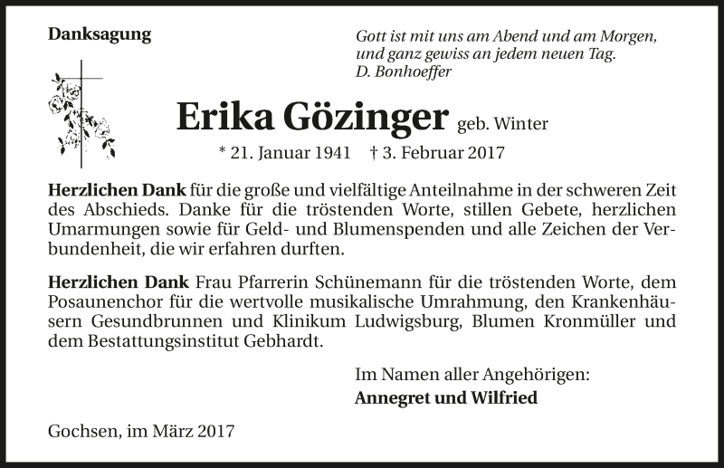  Traueranzeige für Erika Gözinger vom 25.03.2017 aus 