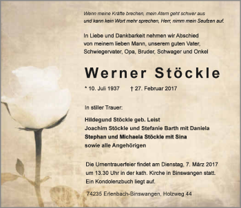 Traueranzeige von Werner Stöckle 