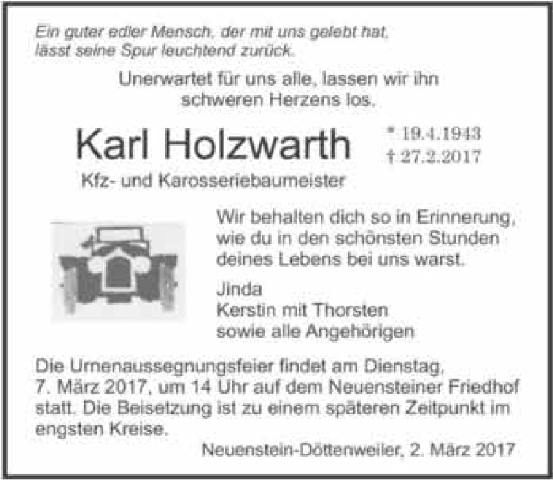  Traueranzeige für Karl Holzwarth vom 02.03.2017 aus 