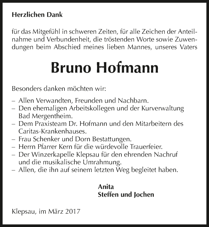  Traueranzeige für Bruno Hofmann vom 04.03.2017 aus 