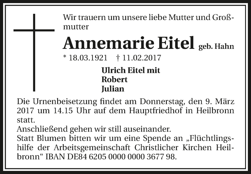  Traueranzeige für Annemarie Eitel vom 04.03.2017 aus 