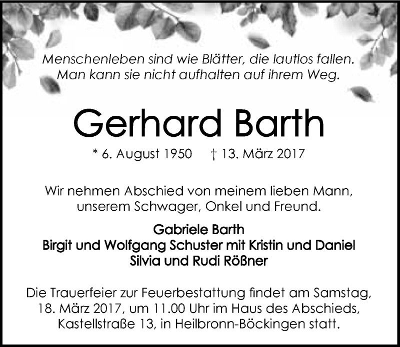  Traueranzeige für Gerhard Barth vom 16.03.2017 aus 