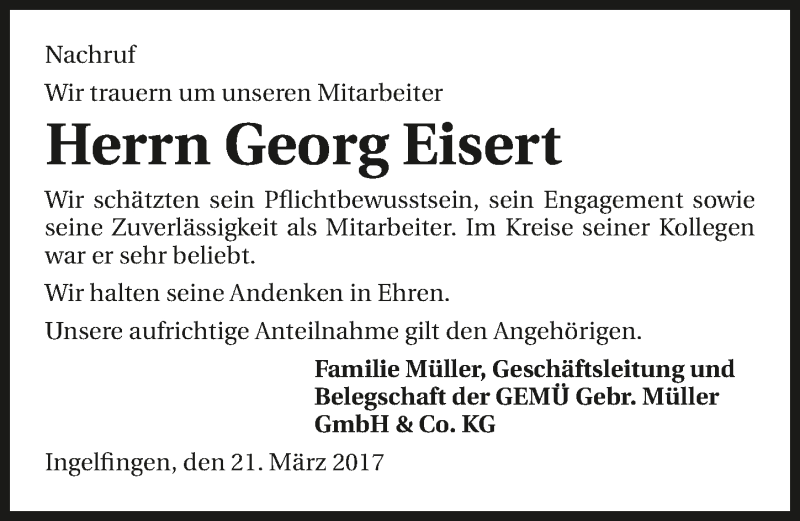  Traueranzeige für Georg Eisert vom 21.03.2017 aus 