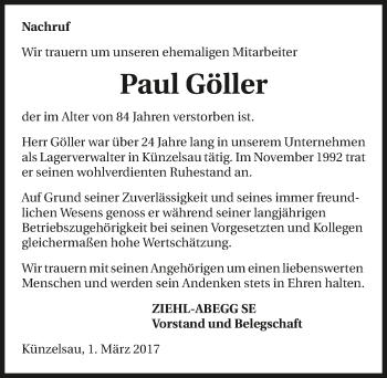 Traueranzeige von Paul Göller 