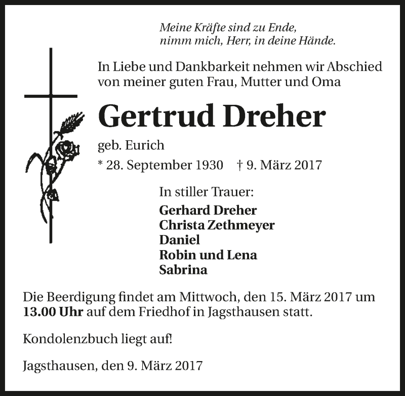  Traueranzeige für Gertrud Dreher vom 11.03.2017 aus 