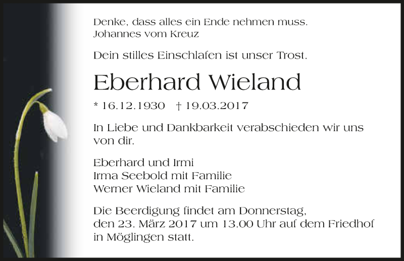  Traueranzeige für Eberhard Wieland vom 21.03.2017 aus 