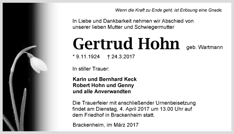  Traueranzeige für Gertrud Hohn vom 30.03.2017 aus 