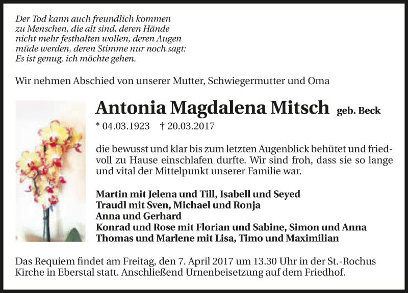  Traueranzeige für Antonia Magdalena Mitsch vom 29.03.2017 aus 