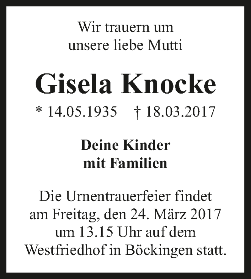  Traueranzeige für Gisela Knocke vom 21.03.2017 aus 