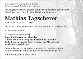 Traueranzeige von Mathias Tagscherer 