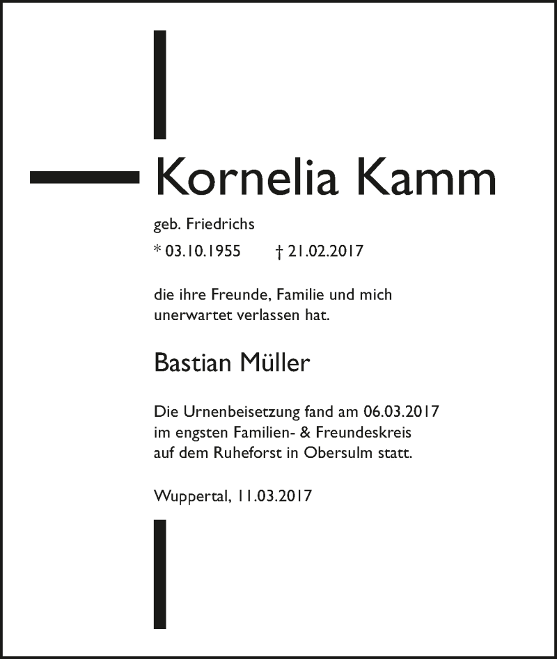  Traueranzeige für Kornelia Kamm vom 11.03.2017 aus 