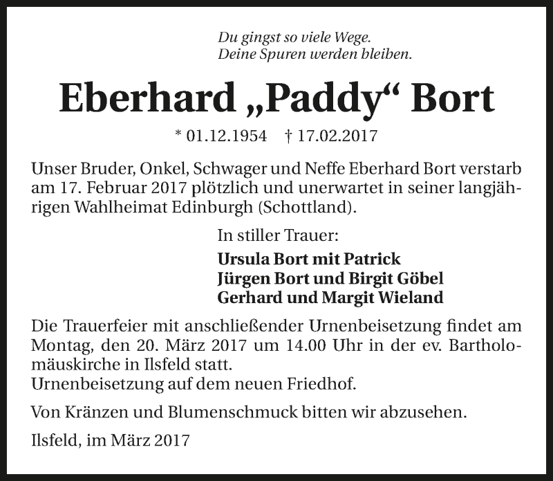  Traueranzeige für Eberhard Bort vom 15.03.2017 aus 
