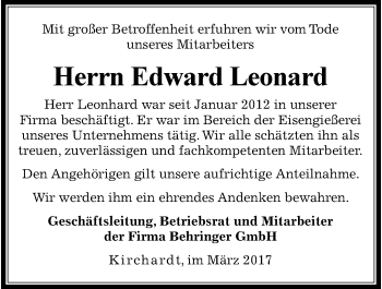 Traueranzeige von Edward Leonard 