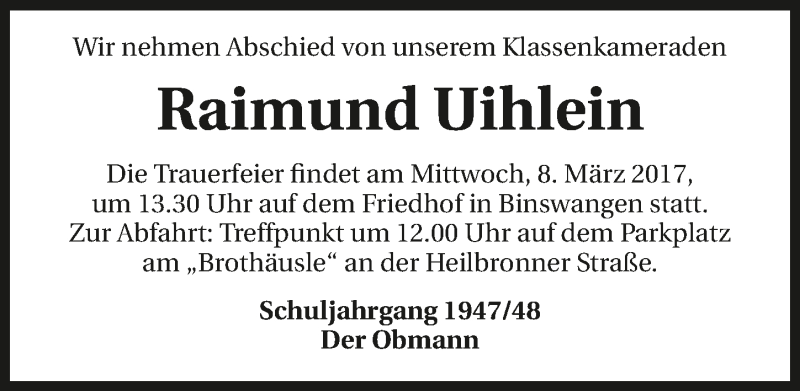  Traueranzeige für Raimund Uihlein vom 04.03.2017 aus 