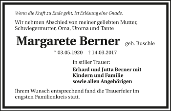 Traueranzeige von Margarete Berner 